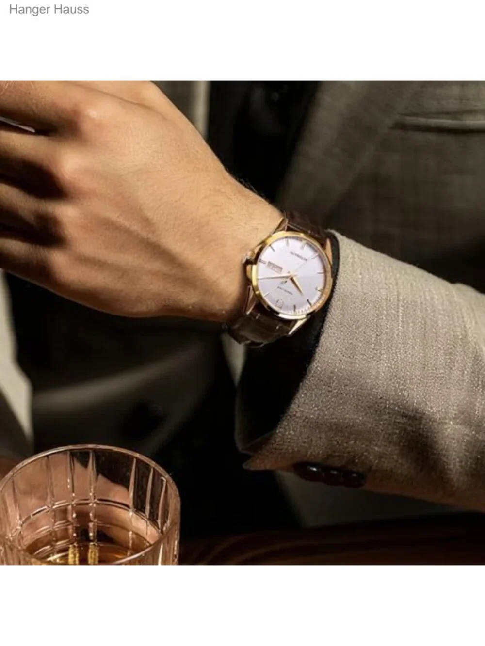Men's Automatic Mechanical Watch Gold Classic Retro Day Date Genuine Leather